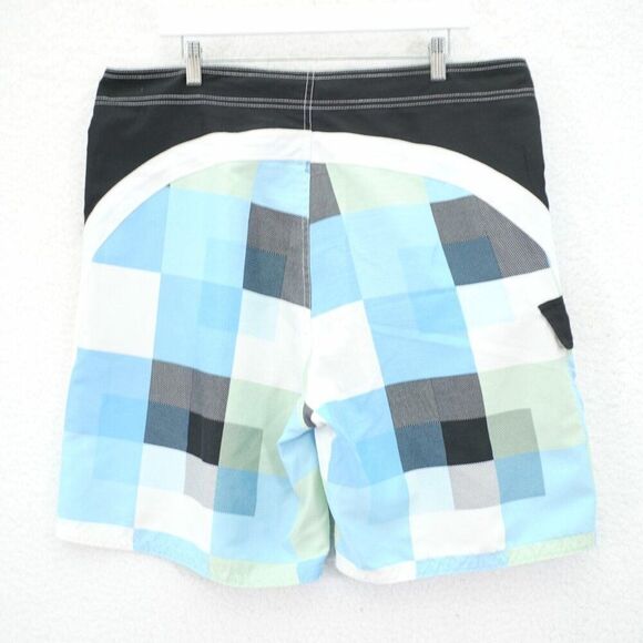 Ron Jon Cargo Pocket White Black Teal Green Patchwork Swim Trunks 38 / 9 High Ri - Picture 5 of 8